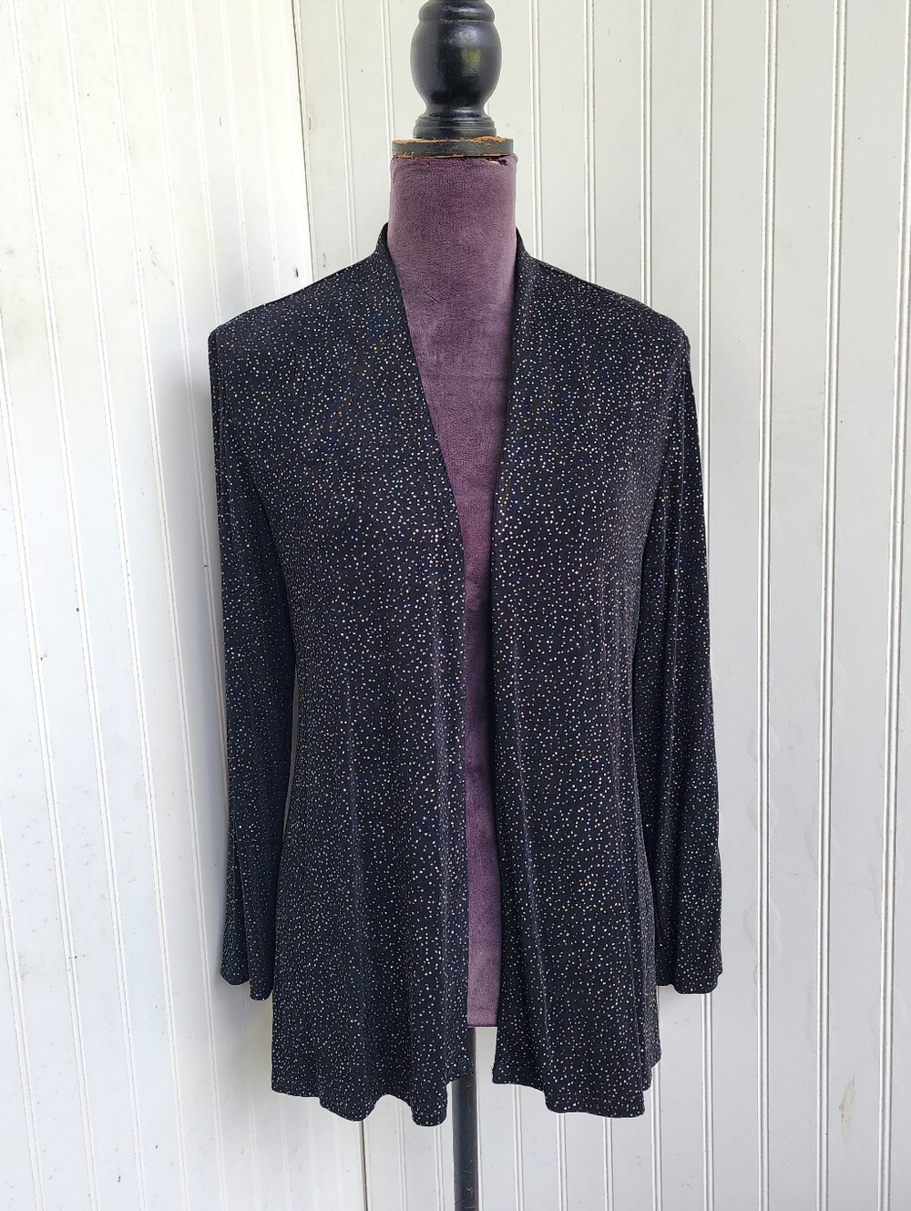 R&M Richard’s Karen Kwong Black Sparkle Open Cardigan Evening Slinky Glitter SP